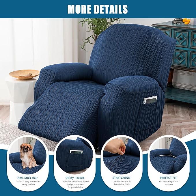 Recliner Cover Stretch Soft Couch Cover for Dogs, Sofa Slipcover for Recliner Couch Leakproof Furniture Protector for Kids, Pets (Navy)