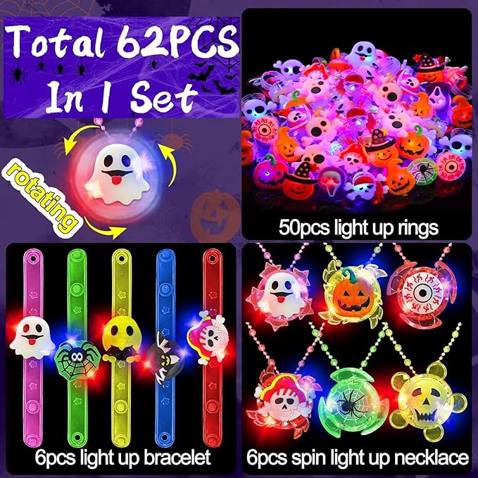 62 Pcs Halloween Party Favors for Kids Rotating Fidget Spin Light up Necklaces LED Bracelets Flash Rings Halloween Toys Glow in The Dark Halloween Party Supplies Gift Halloween Treat Goodie Bag Filler