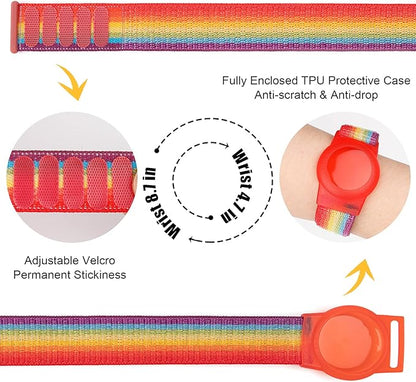 For AirTag Bracelet for Kids, Protective Cover for Apple Air Tag with Nylon Wristband, Anti Lost GPS Trackers Case Cover Elastic Watch Band for Toddlers Girls Boys Elders(Rainbow)