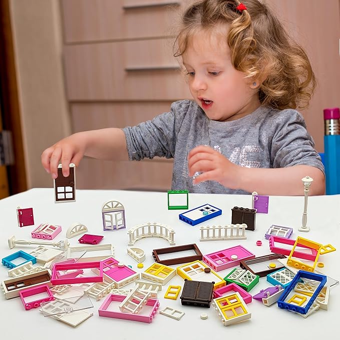 110 Pieces Doors,Windows,Fencesand Light for MOC Creative Building BlockToys Set Street House Decoration Compatible with Classic Brick for Kids Age 6 8 10 12 Years