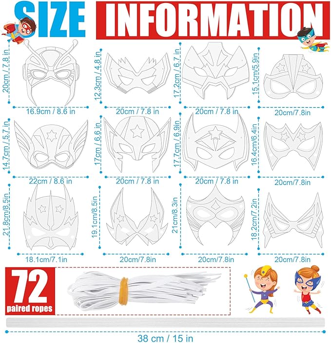 Sosation 72 Pcs Color Your Own Hero Masks Crafts for Kids DIY Paper Blank Hero Masks Making Kits with Ropes for School Class Activities Themed Birthday Party Supplies