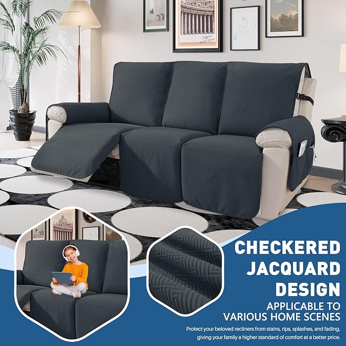 Easehomey Waterproof Recliner Sofa Cover Non-Slip couch cover recliner sofa 3 section with Elastic Straps Two Pockets, Washable Couch Covers Furniture Protector for Kids,Dogs (Dark Grey,Recliner Sofa)