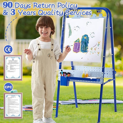 FUNLIO Foldable Outdoor Easel for Kids Aged 3+, Waterproof & Sunproof Kids Easel with 2 Acrylic Boards, Double-Sided Kids Easel with 21 pcs Accessories, Portable & Stable - Blue