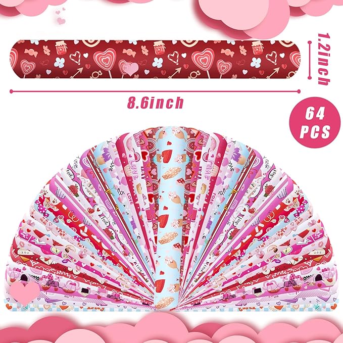 MCPINKY 64PCS Valentines Day Slap Bracelets, Slap Wristbands Assorted Red Valentines Day Snap Bands for Valentine's Day Party Favors Kids Class Rewards