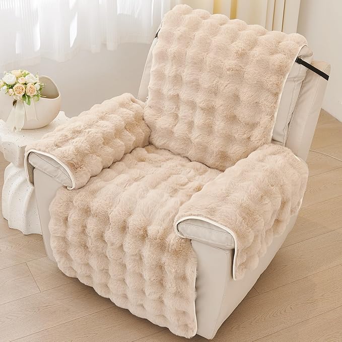 vctops Faux Fur Fluffy Recliner Chair Slipcover Faux Rabbit Fur Non Slip Sofa Cover Super Soft Plush Thick Couch Cover Furniture Protector with Elastic Straps for Kids, Dogs, Pets(Khaki,24")