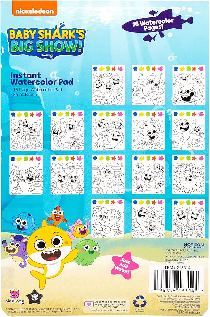 Horizon Group USA Baby Shark Watercolor Art Pad – Baby Shark Water Coloring Book & Painting Set –Baby Shark Watercolor Painting Kit – Great Baby Shark Art Set for 3 Year Old