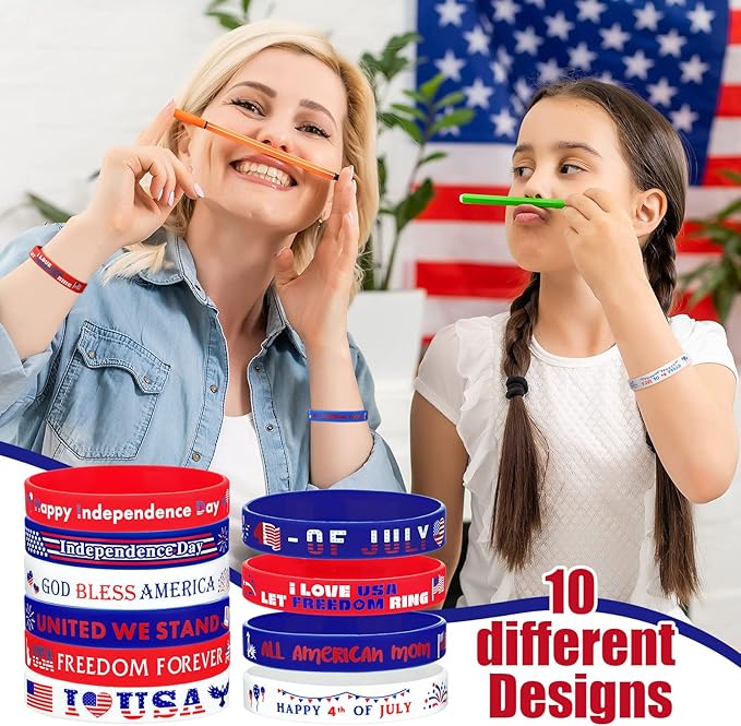 60 Pcs 4th of July Slap Bracelets and Silicone Wristband for Kids American Patriotic Party Favors Supplies Independence Day Decorations Accessories Red White Blue
