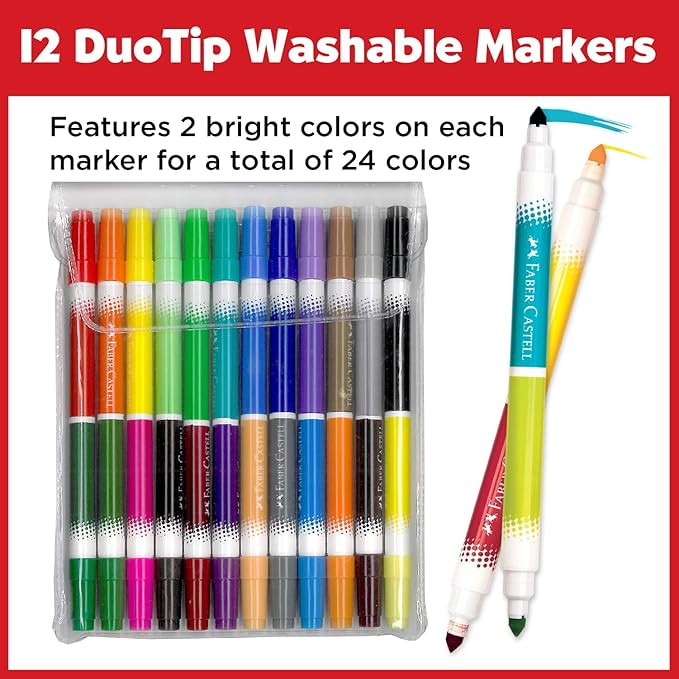 Faber-Castell Back to School Supplies Set - 12 DuoTip Markers, 12 Colored Ecopencils, Child Safe Scissors & Grip Trio Sharpener (Sharpener Color May Vary - Red/Blue)
