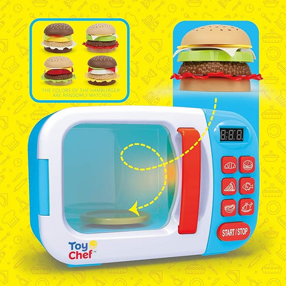 Kids Microwave Oven Toy, Pretend Play Kitchen, Electronic Bright Colored Microwave with Lights and Toy Food