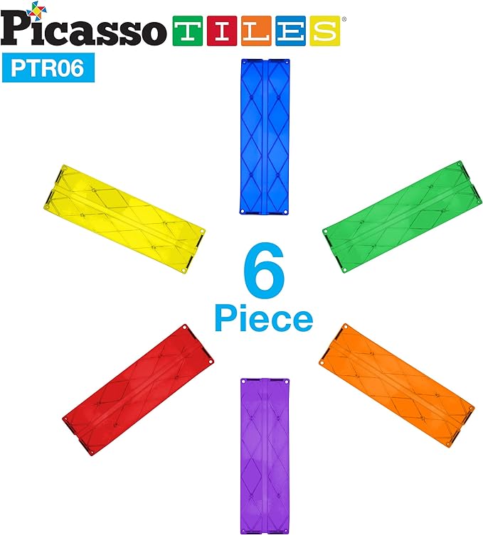 PicassoTiles 6 Piece Race Track Ramp Magnetic Building Block Set Magnet Tiles Construction Toy STEM Learning Kit Education Playset Playboard Pretend Play Stacking Blocks Child Brain Development PTR06