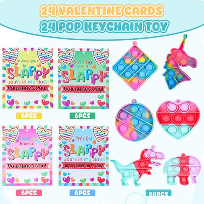 24 Packs Valentines Day Gifts for Kids,Valentines Pop Fidget Toys Bulk with Keychain for Kids School Class Classroom Valentines Day Cards Gifts Prizes Party Favors