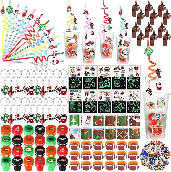 Aoriher 238 Pcs Football Sport Party Favors Set Football Birthday Gift Football Cup Fillers with Straw Football Whistle Stamper Slap Bracelet Keychain Ring Tattoo Sticker for Sport Party Supplies