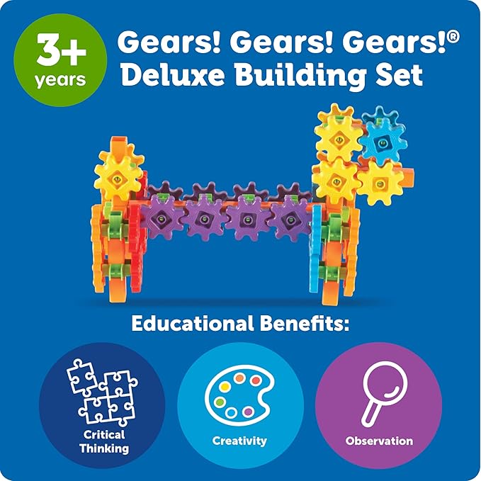 Learning Resources Gears 100-Piece Deluxe Building Set -STEM Activities, Fine Motor Skills, Toddler Explorer Kit, Science and Construction, Boys and Girls Gifts
