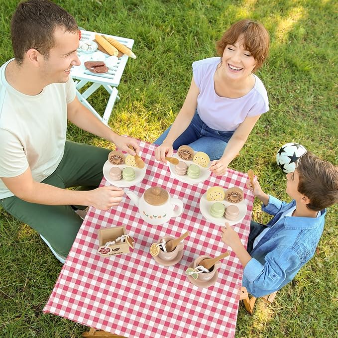 Dorjee Wooden Tea Set for Little Girls, Wooden Toys Toddler Tea Set Play Kitchen Accessories for Kids Tea Party with Play Food for Kid Age 3+ Gift