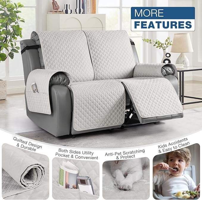 TAOCOCO Loveseat Recliner Cover Non-Slip Sofa Slipcover, Pet Cover for Loveseat Recliner with Elastic Straps, Washable Reclining Loveseat Cover Recliner Furniture Protector (2 Seater, Off White)