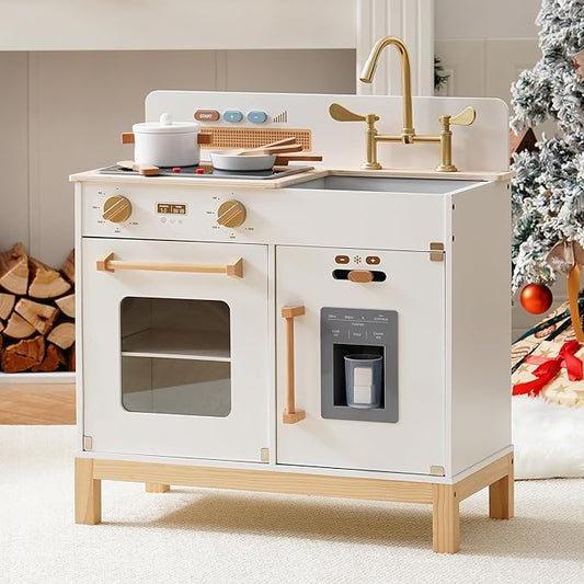 ROBOTIME Play Kitchen for Toddlers, Wooden Kids Play Kitchen Playset with Real Lights & Sounds/Ice Cube Dispenser, Pretend Play Toy Kitchen, Gift for Ages 3+ (White)