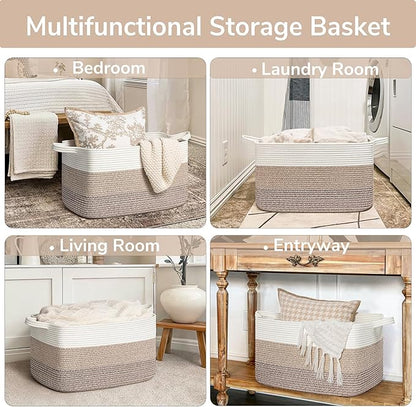 Goodpick Large Woven Storage Basket, 21.6" x 14.9" x 11.8" Rectangle Rope Baskets for Toy Storage, Blanket Basket for Living Room, Bedroom, Light Brown