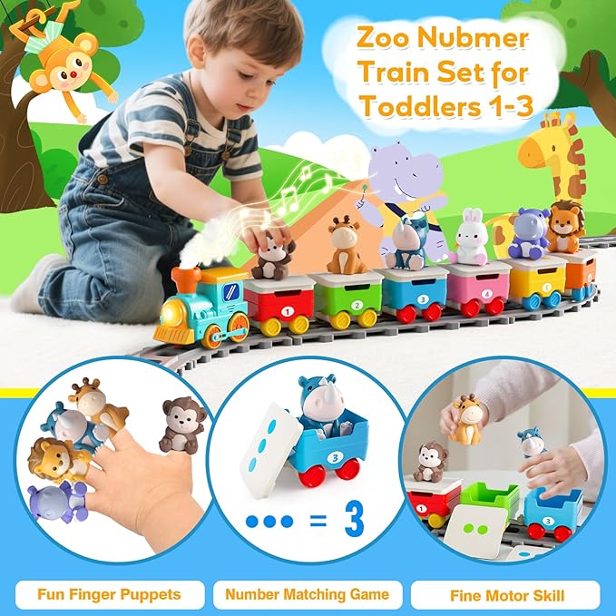 Toddler Toys for 1 2 3 Year Old, Electric Zoo Animal Train Set with Music, Lights & Steam, Montessori Counting, Matching & Sorting Learning Toys, Christmas Birthday Gifts for Baby Boys Girls 18 M+