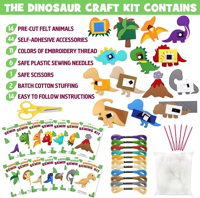 CiyvoLyeen Dinosaur Sewing Craft Kit DIY Kids Craft and Sew Set for Girls and Boys Educational Beginners Sewing Stuffed Animal Felt Plush Ornaments Set of 14 Sewing Kits for Kids Age 8 9 10 11 12