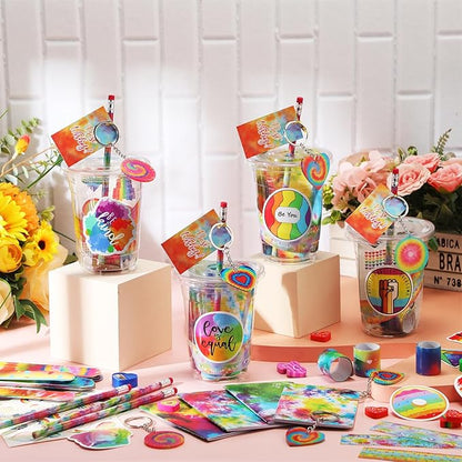 Noveread 251 Pcs Party Favors Set Includes Drink Gift Cup Mini Notebooks Pencils Heart Eraser Pencil Sharpener Slap Bracelets Ruler Tattoo Stickers Cards Keychain School Stationery Set (Tie Dye)