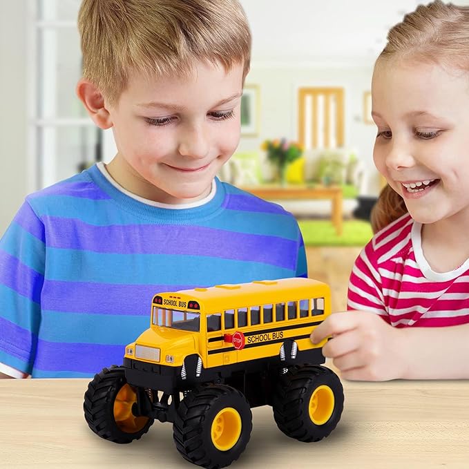 ArtCreativity 5 Inch Pull Back School Bus Toy Set - Set of 2 - Includes 5 Inch Monster-Wheel Bus, Diecast Bus Playset with Pull Back Mechanism, Great Gift Idea for Kids
