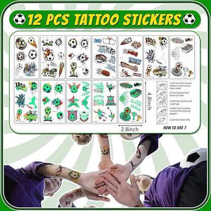 122 Pcs Soccer Party Favors Set with Soccer Goodie Bags Soccer Slap Bracelets Tattoo Stickers Puzzle Toys Soccer Stickers Whistles Soccer Party Supplies Soccer Party Decorations