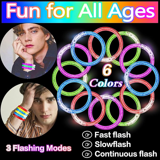 24Pack Glow Bracelets,Glow in The Dark Bracelets Flashing Light Up Bracelets,LED Bracelets Party Supplies Favors Game Gifts for Rave Concert Carnival,6 Color