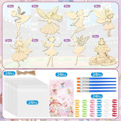 Saypacck 24 Pcs Fairy Party Favors Wooden Painting Craft Kits Birthday Party Supplies with Organza Bag for Goodie Bags Fillers Adult Thank You Gifts