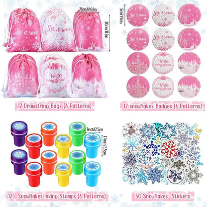 Abbylike 140 Pcs Winter Party Favors Christmas Gifts for Kids Snowflake Wonderland Party Favors Supplies Birthday Notebook Bracelet Stamper Sticker Drawstring Bag Pencil Button Pin Keychain