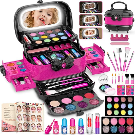 58Pcs Kids Makeup Kit for Girl - Real Washable Cosmetic Set with Light Up Mirror - Kids Makeup Sets for Girls -Play Make Up Birthday for Age 3 4 5 6 7 8 9 10 11 12 Years Old Kid -Rose