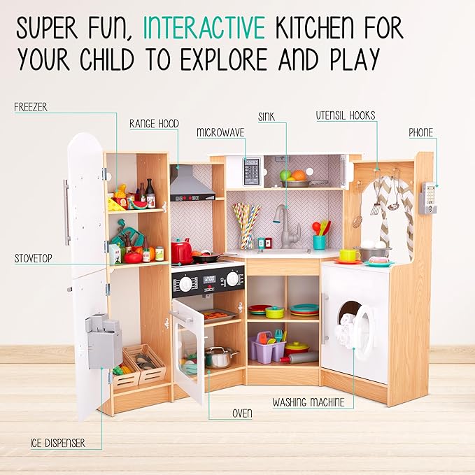 Lil' Jumbl Kids Corner Kitchen Set, Pretend Wooden Deluxe Play Kitchen, Battery Operated Icemaker, Stovetop & Faucet with Realistic Sound - Natural