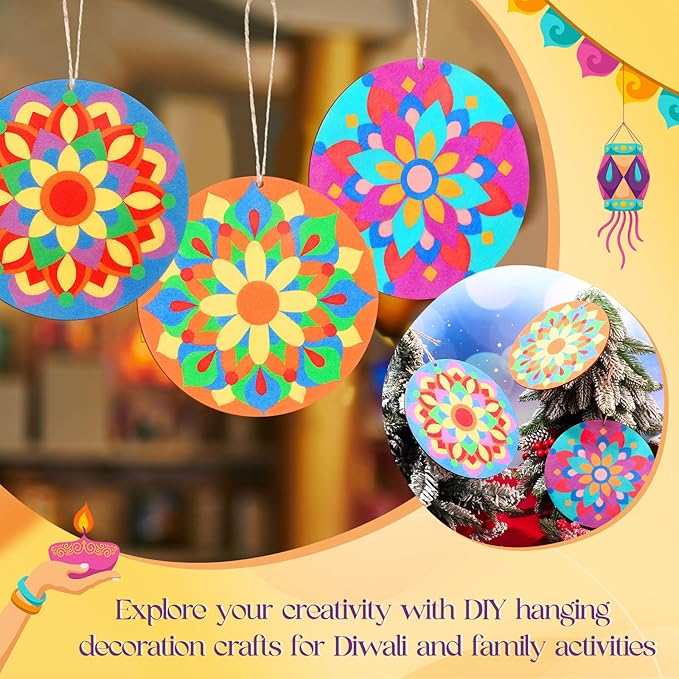 12 Pcs 7 Inch Wooden Mandala Sand Arts Rangoli Mandala Sand Art with 6 Colorful Sand Art Mandala DIY Coloring Kit for Indian Festivals Gifts Diwali Party Decor Supplies