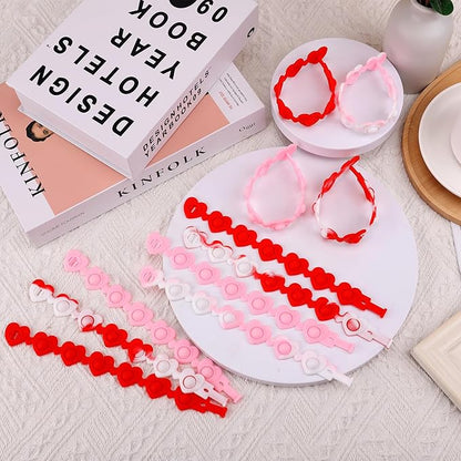 12pcs Valentine Heart-shaped Rubber Wristbands, Valentine's Day Pink Silicone Bracelets Red Sensory Wristband Pop Fidget Bracelet for Kids Students Party Favors Classroom Gift Exchange