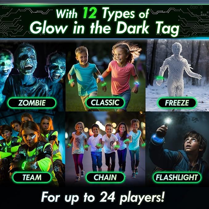 Starlux Games Glow Tag - an Outdoor Night Game for Kids | Ages 5+ | Includes 12 Light Up Bracelets & 12 Tag Games (Flashlight Tag, Freeze Tag & More) | Glow Games | Glow in The Dark Outdoor Toys