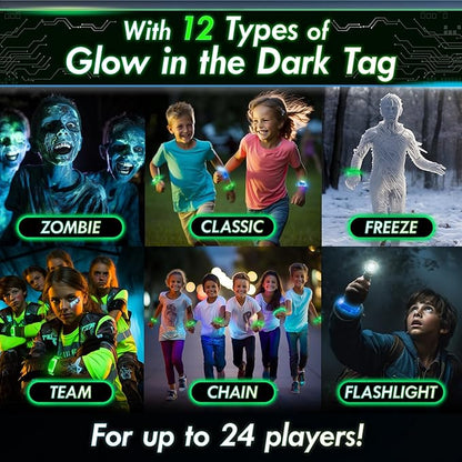 Starlux Games Glow Tag - an Outdoor Night Game for Kids | Ages 5+ | Includes 12 Light Up Bracelets & 12 Tag Games (Flashlight Tag, Freeze Tag & More) | Glow Games | Glow in The Dark Outdoor Toys