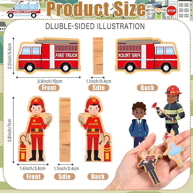 Blosssound 40 Pcs Wooden Community Helpers Toys Wooden Cars Set Wood People Figures Multicultural Career Wood Blocks for Preschool Classroom Diversity Play Games Educational Activity Supplies