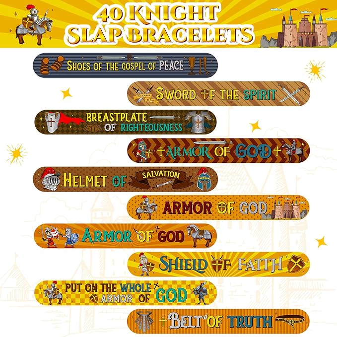 Frienda 40 Pcs Knight Slap Bracelets for Kids Bulk Medieval Theme Party Favors Slap Bracelets Armor of God Christian Bible Verse Religious Wristbands for Sunday School Supplies Classroom Rewards