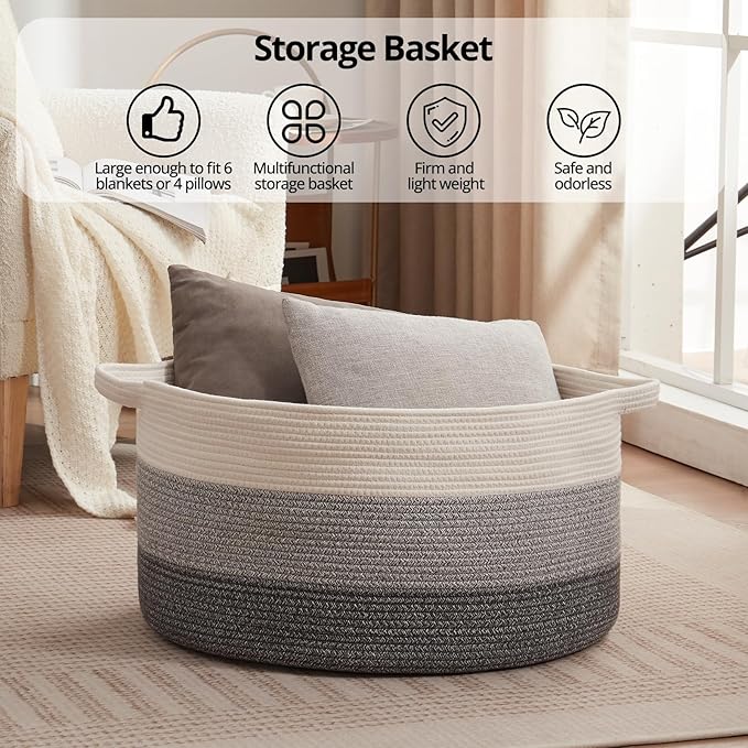 OIAHOMY 105L Blanket Basket for Living Room, Large Basket 23.6" x 23.6" x 14.6" with Handle, Laundry Hamper for Blankets, Pillows, Toy Storage for Kids, Dogs - Gradient Grey