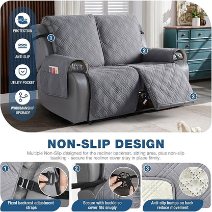 TAOCOCO 100% Waterproof Loveseat Recliner Cover, Non Slip Split Loveseat Covers for Reclining Loveseat with Elastic Straps, Washable Recliner Chair/Furniture Protector for Kids Pets(2 Seater, Gray)