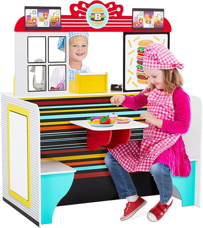 Lil' Jumbl Double-Sided Restaurant Playset for Kids, Wooden Pretend Diner Set, Kitchen Set with Cash Register, Burners, Faucet & Dispenser are Battery Operated and Make Realistic Sound & Light