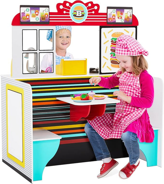 Lil' Jumbl Double-Sided Restaurant Playset for Kids, Wooden Pretend Diner Set, Kitchen Set with Cash Register, Burners, Faucet & Dispenser are Battery Operated and Make Realistic Sound & Light