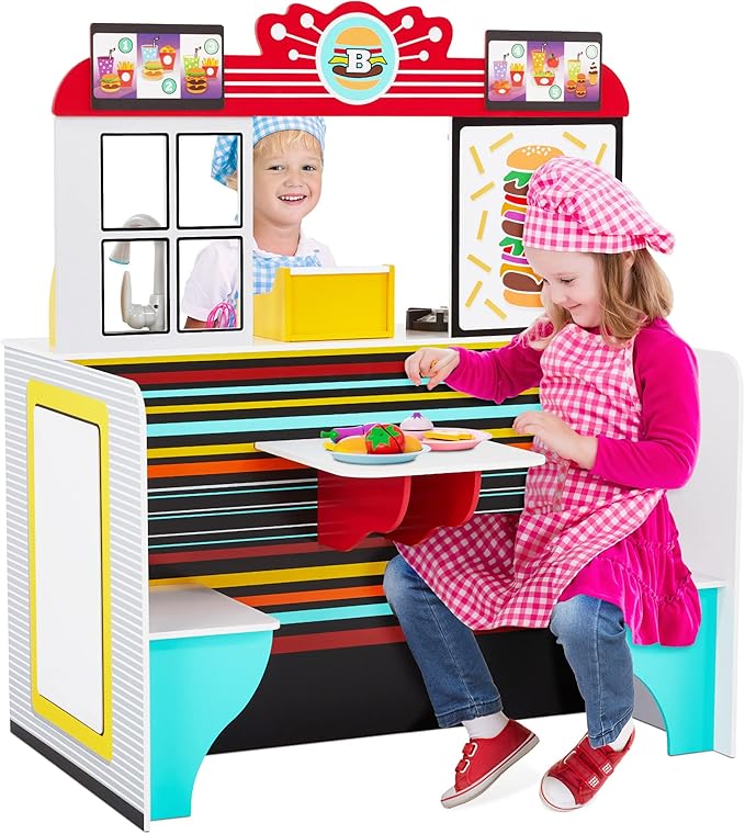 Lil' Jumbl Double-Sided Restaurant Playset for Kids, Wooden Pretend Diner Set, Kitchen Set with Cash Register, Burners, Faucet & Dispenser are Battery Operated and Make Realistic Sound & Light