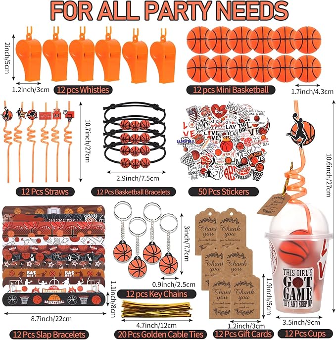LiYiQ 158 Pcs Basketball Party Favors Basketball Party Supplies with Cup Straw Stress Ball Keychain Sticker Slaps Bracelets Whistle Thank You Tags for Basketball Birthday Decorations (Basketball)