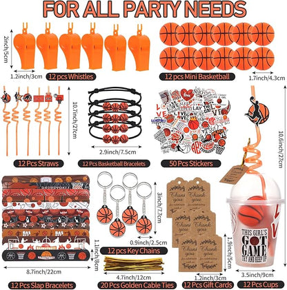 LiYiQ 158 Pcs Basketball Party Favors Basketball Party Supplies with Cup Straw Stress Ball Keychain Sticker Slaps Bracelets Whistle Thank You Tags for Basketball Birthday Decorations (Basketball)