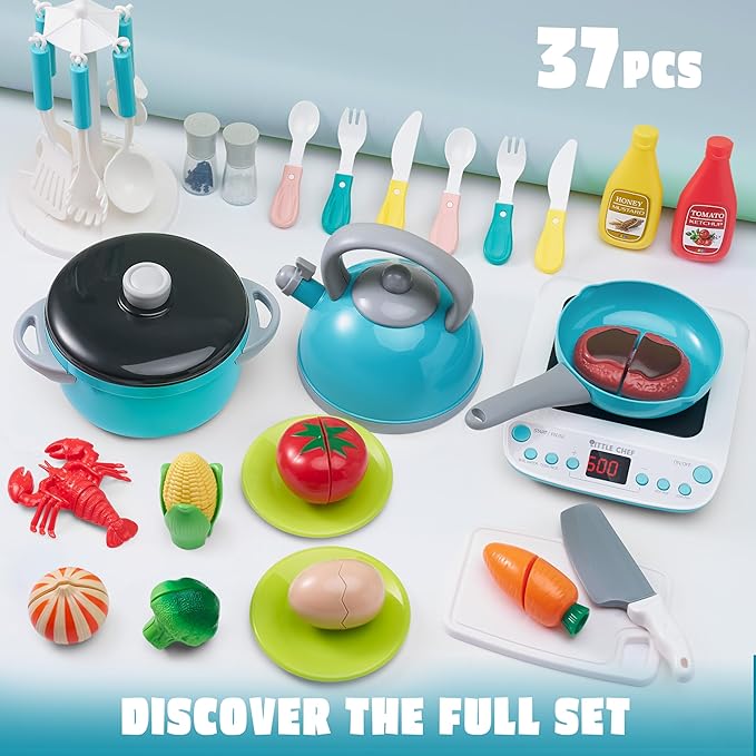 JOYIN Toy Food Set for Kids Kitchen, Pretend Play for Toddlers 1-3, Play Kitchen Appliances with Pots, Pans, Induction Cooker, Cutting Vegetables, Fake Food, Gift for Boys and Girls, Cooking Toy Set