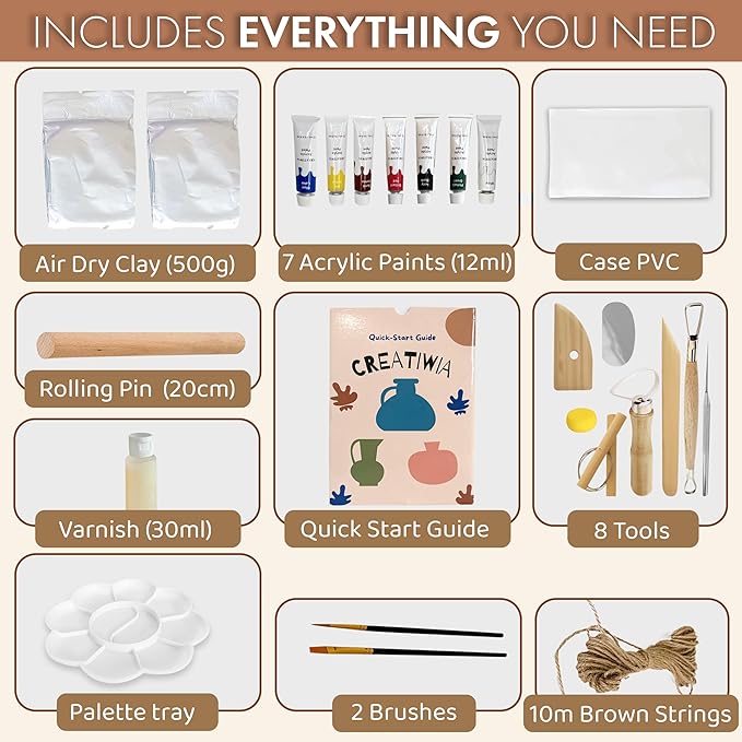 CREATIWIA Pottery Kit for Adults – Complete Air Dry Clay Sculpting Set with Premium Pottery Clay, Sculpting Tools,Guide Book and Paint – Perfect DIY Pottery Kit for Beginners, Home Pottery Painting