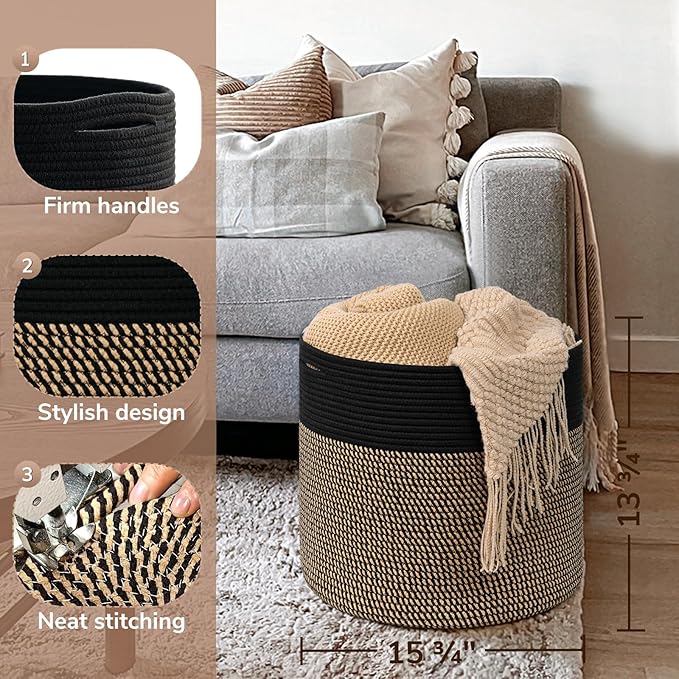 Goodpick Woven Rope Storage Basket, Blanket Basket for Towel, Shoe, Clothes, Large Toy Storage for Playroom, Living Room, Nursery, Toy Bin, Black
