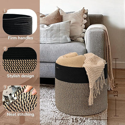 Goodpick Woven Rope Storage Basket, Blanket Basket for Towel, Shoe, Clothes, Large Toy Storage for Playroom, Living Room, Nursery, Toy Bin, Black