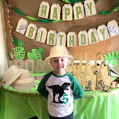 Golray 72Pack Dinosaur Birthday Party Supplies Favors Safari Hat Tote Goodie Bags Luminous Dino Figure Tattoo Keychain Slap Bracelet for Kid Boy Safari Jungle Explorer Dinosaur Party Favor Supplies