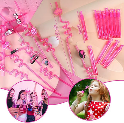 122pcs Pink Party Favors for Girls, Pink Girls Birthday Party Favors Kit Keychain Bracelet Bubble Stickers Straws Heart Sunglasses Gift Bag Hot Pink Princess Birthday Party Supplies
